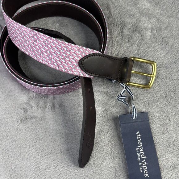 Vineyard Vines Belt Mens 52 Big leather Vineyard Whale Pink Silk Palm Beach $85 - Picture 1 of 12